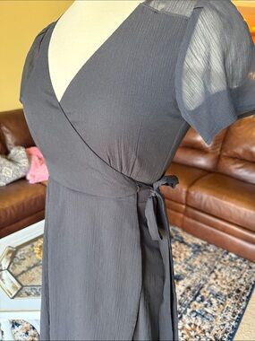 Abercrombie & Fitch LBD Black Wrap Dress Chiffon with Short Sheer Sleeves